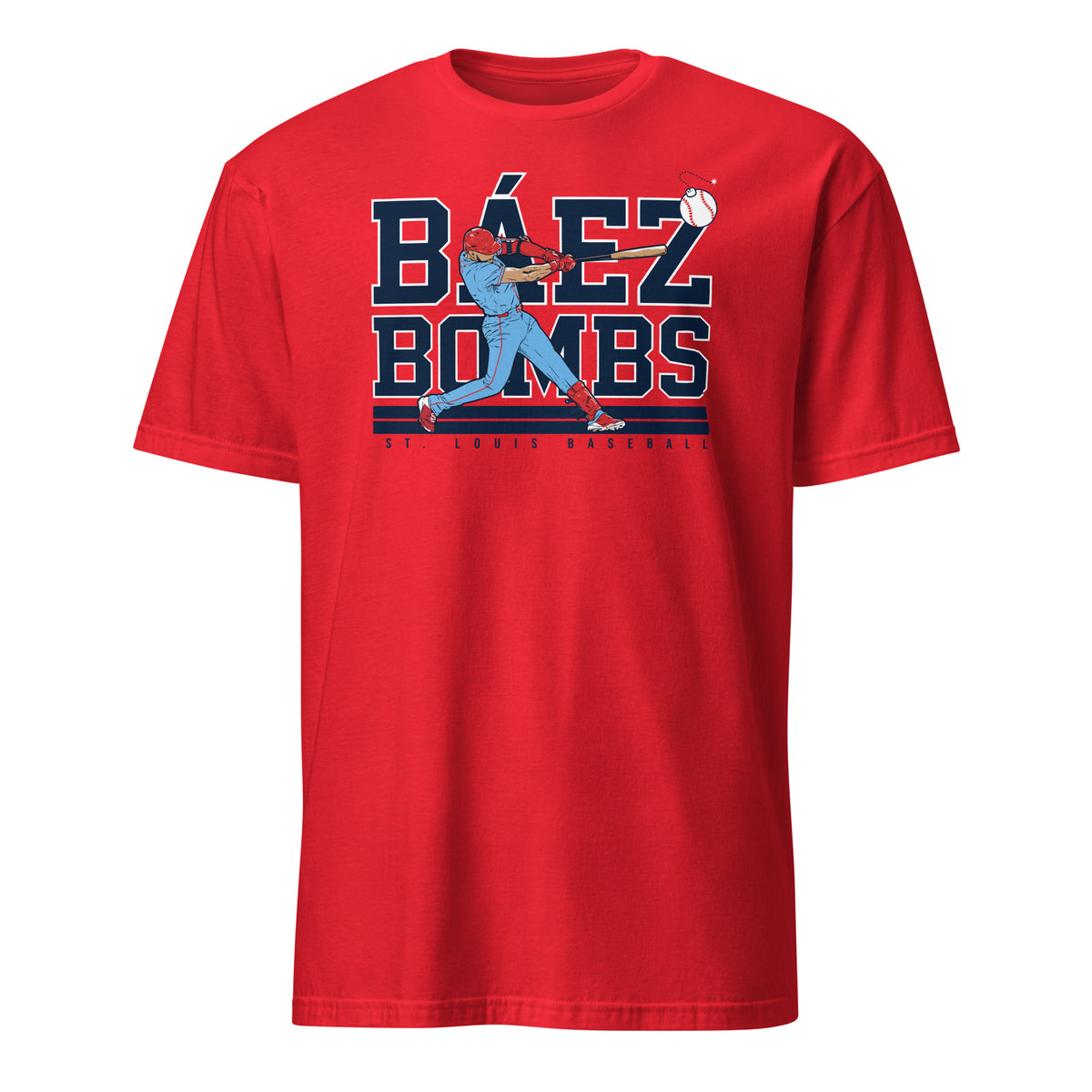 Red Baez Bombs St. Louis Baseball graphic t-shirt featuring a batter swinging with bold navy text on the front