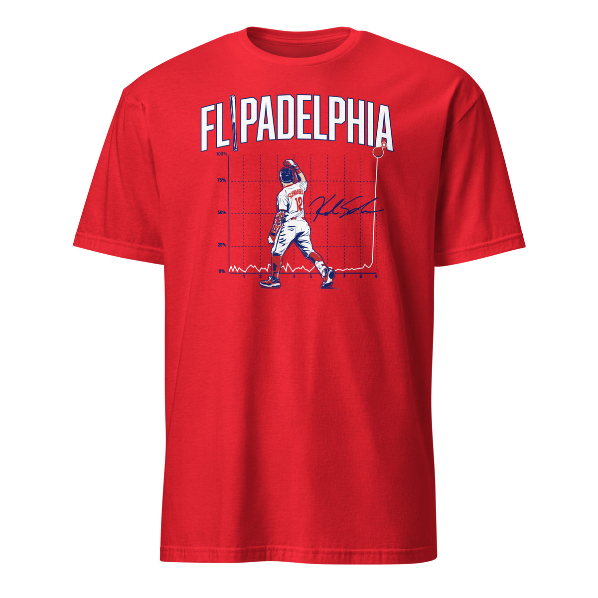 Kyle Schwarber Flipadelphia Baseball T-Shirt — Red graphic tee with Schwarber home run chart design and signature, BallerTee