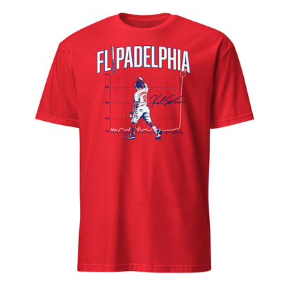Kyle Schwarber Flipadelphia Baseball T-Shirt — Red graphic tee with Schwarber home run chart design and signature, BallerTee
