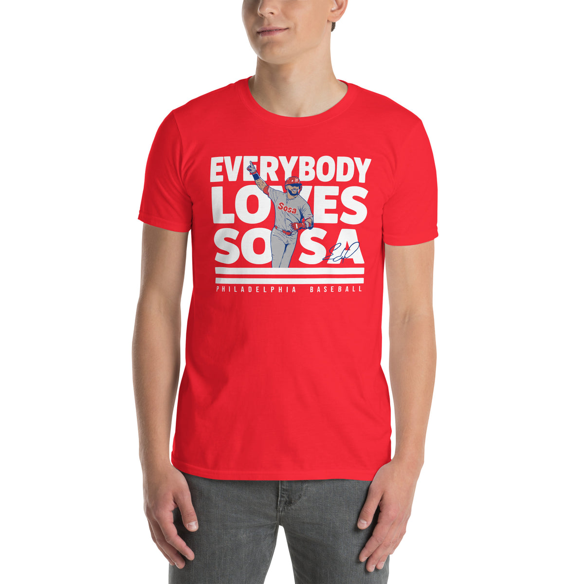 Edmundo Sosa Philadelphia Phillies baseball unisex t-shirt in red — Everybody Loves Sosa graphic tee by BallerTee