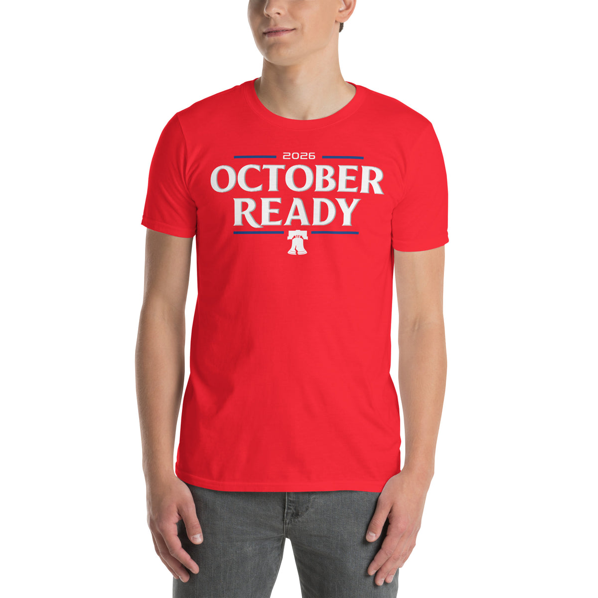 Philadelphia Phillies October Ready baseball graphic t-shirt in red, front view — BallerTee
