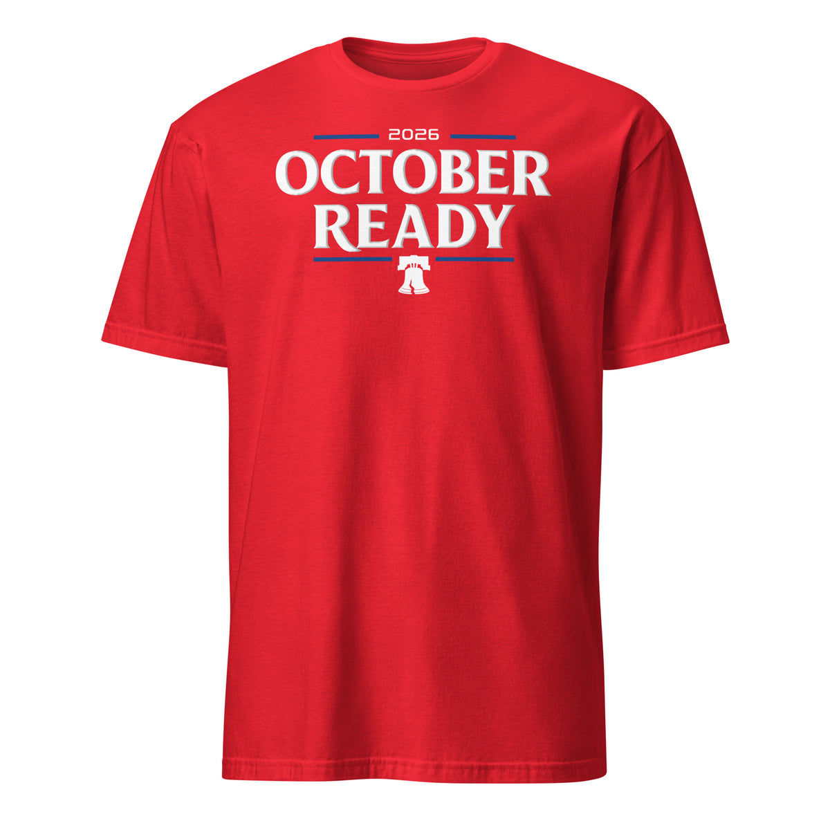 Philadelphia Phillies October Ready baseball graphic t-shirt in red, front view — BallerTee