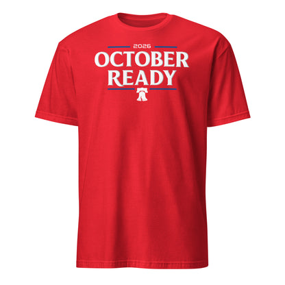 Philadelphia Phillies October Ready baseball graphic t-shirt in red, front view — BallerTee