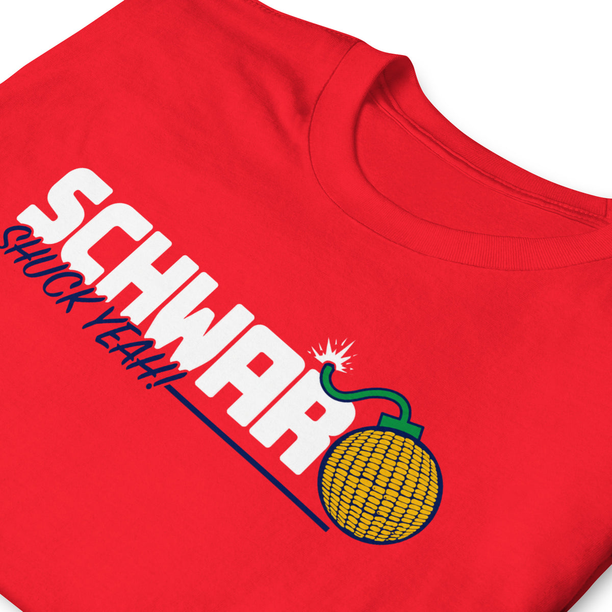 "Close-up of Schwarber Corn Bomb graphic on red Philadelphia baseball fan t-shirt"