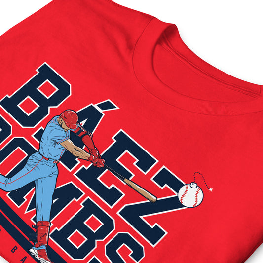 Red Baez Bombs St. Louis Baseball graphic t-shirt featuring a batter swinging with bold navy text on the front