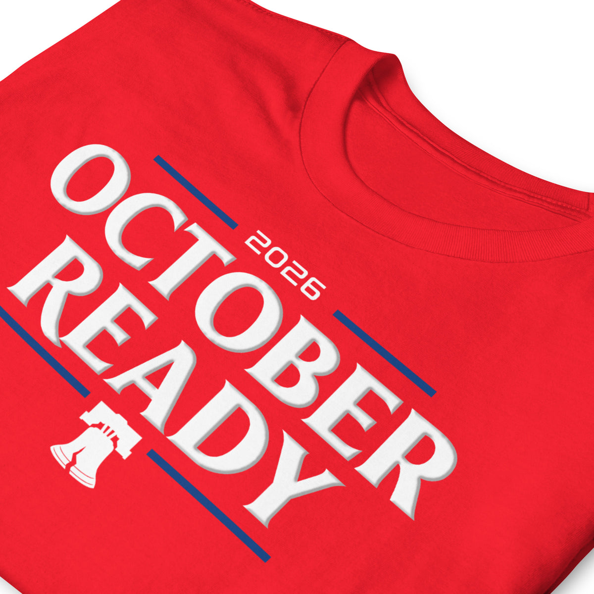 Philadelphia Phillies October Ready baseball graphic t-shirt in red, front view — BallerTee
