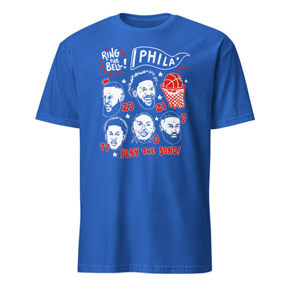Royal blue Philadelphia basketball graphic t-shirt featuring illustrated portraits of Embiid (#21), Brown (#23), Maxey (#0), Edgecombe (#7), and teammates with 'Ring the Bell' and 'Play the Song' text