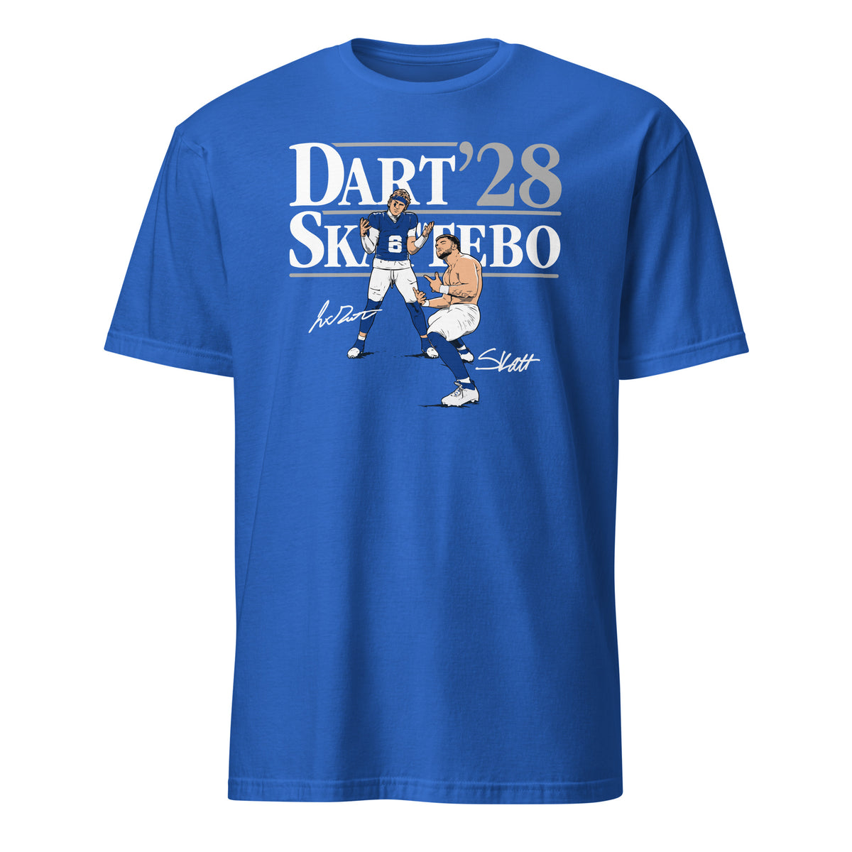 Jaxson Dart Cam Skattebo NY Giants Football T-Shirt in royal blue, front view – BallerTee graphic tee