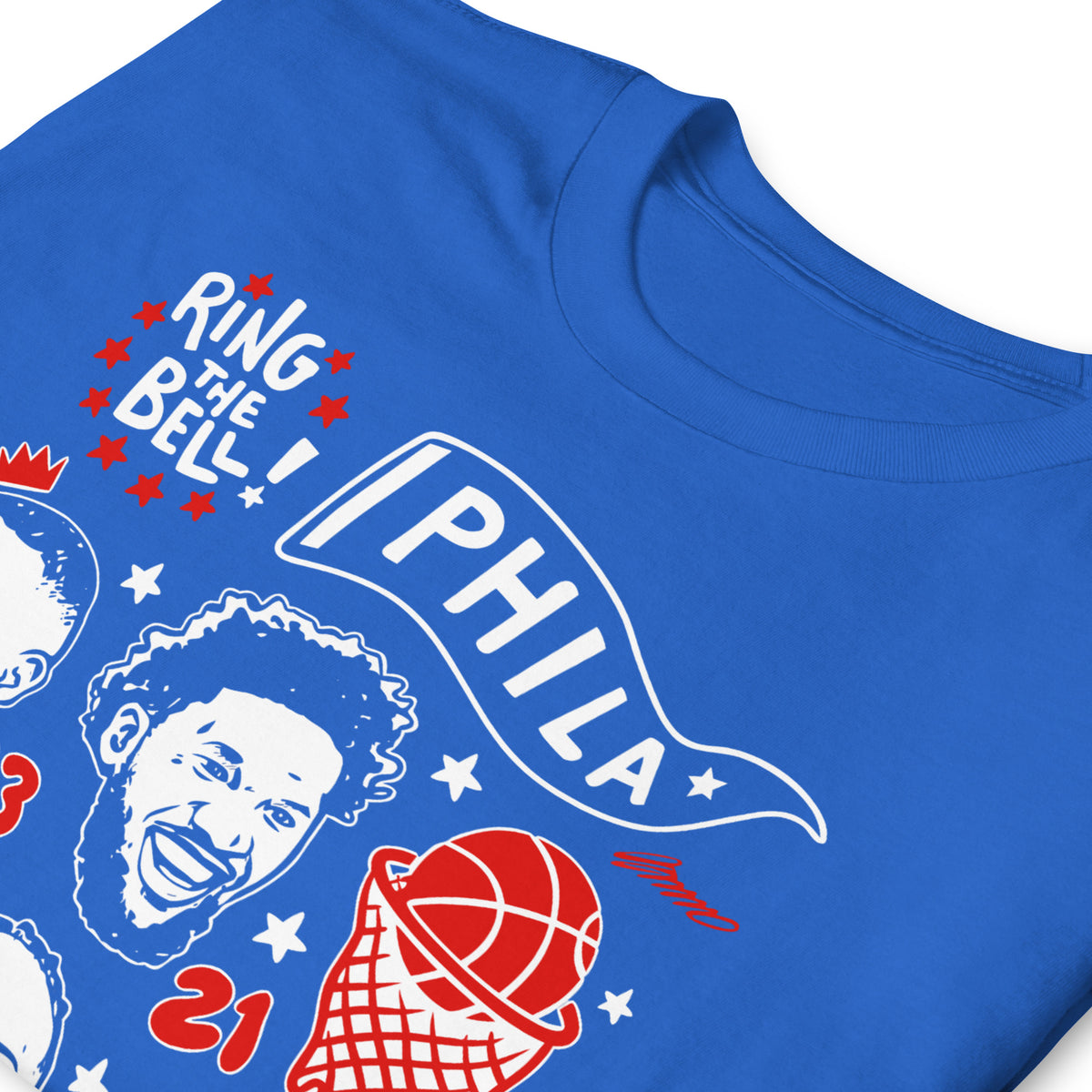 Royal blue Philadelphia basketball graphic t-shirt featuring illustrated portraits of Embiid (#21), Brown (#23), Maxey (#0), Edgecombe (#7), and teammates with 'Ring the Bell' and 'Play the Song' text