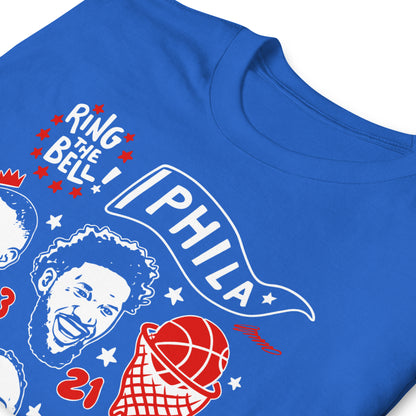 Royal blue Philadelphia basketball graphic t-shirt featuring illustrated portraits of Embiid (#21), Brown (#23), Maxey (#0), Edgecombe (#7), and teammates with 'Ring the Bell' and 'Play the Song' text