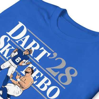 Jaxson Dart Cam Skattebo NY Giants Football T-Shirt in royal blue, front view – BallerTee graphic tee