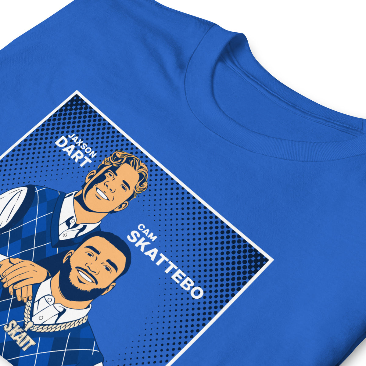 Jaxson Dart and Cam Skattebo New York Giants football unisex t-shirt in royal blue