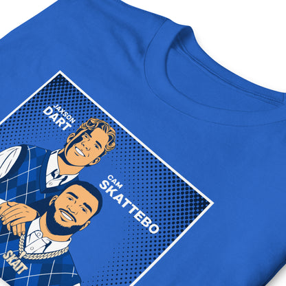 Jaxson Dart and Cam Skattebo New York Giants football unisex t-shirt in royal blue
