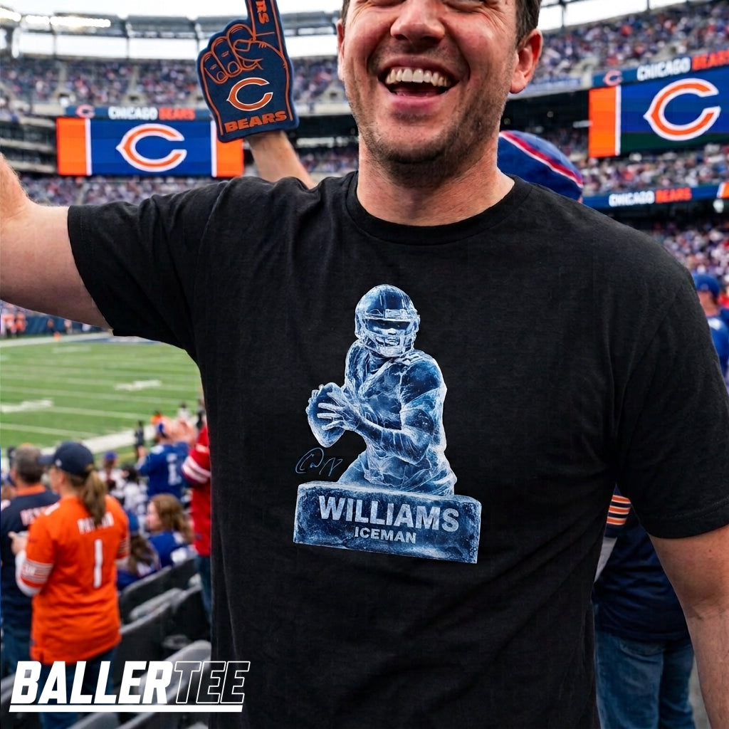 A man wearing a black Chicago Bears t-shirt with a custom ice sculpture graphic of a football player and the name 'Williams Iceman' printed on the front, standing in a crowded stadium.